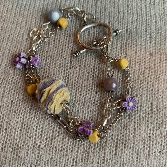 🦋 Handmade - 🌼 Recycle fabric Pompom bracelet beads chains Violet yellow - Picture 2 of 6